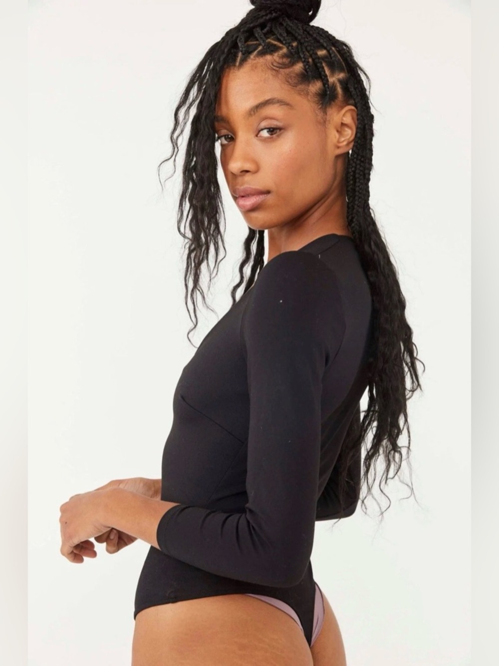 Free People “Close Call Duo” Bodysuit Black Long Sleeve V Neck